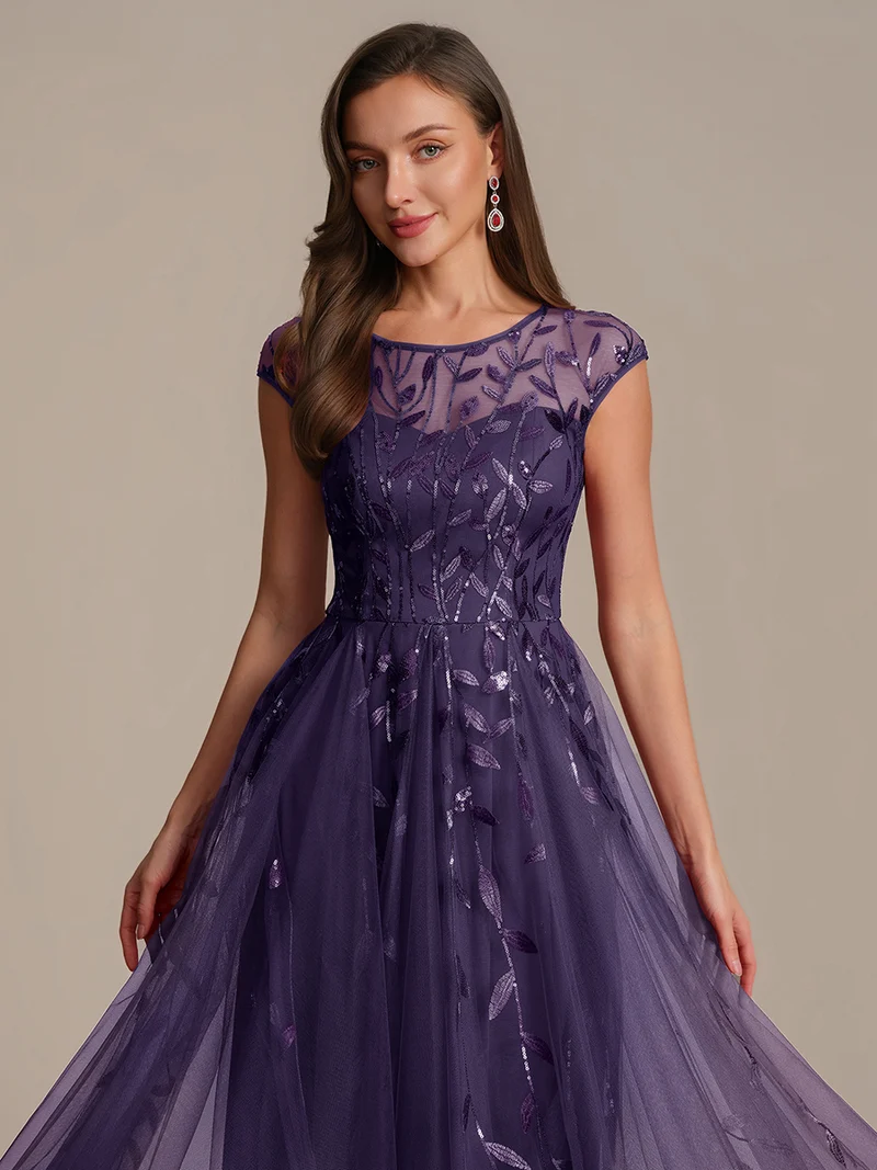 Robe de soirée mi-longue à paillettes avec manches cape