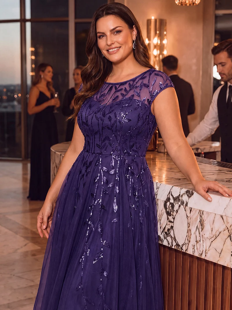 Robe de soirée mi-longue à paillettes avec manches cape