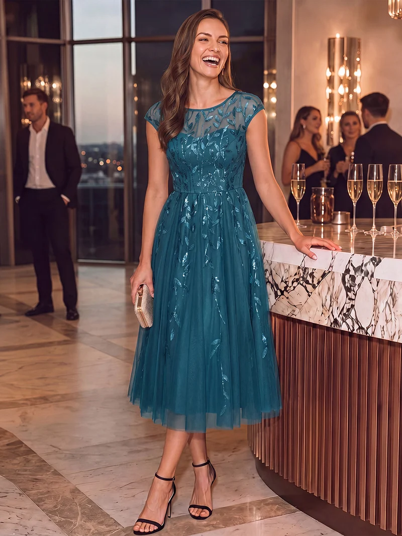 Robe de soirée mi-longue à paillettes avec manches cape