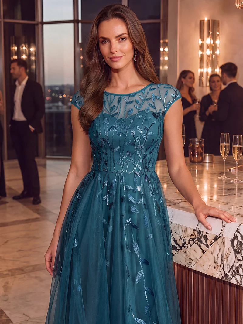 Robe de soirée mi-longue à paillettes avec manches cape
