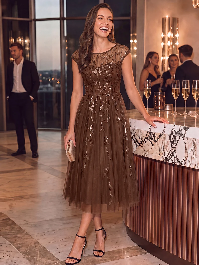 Robe de soirée mi-longue à paillettes avec manches cape