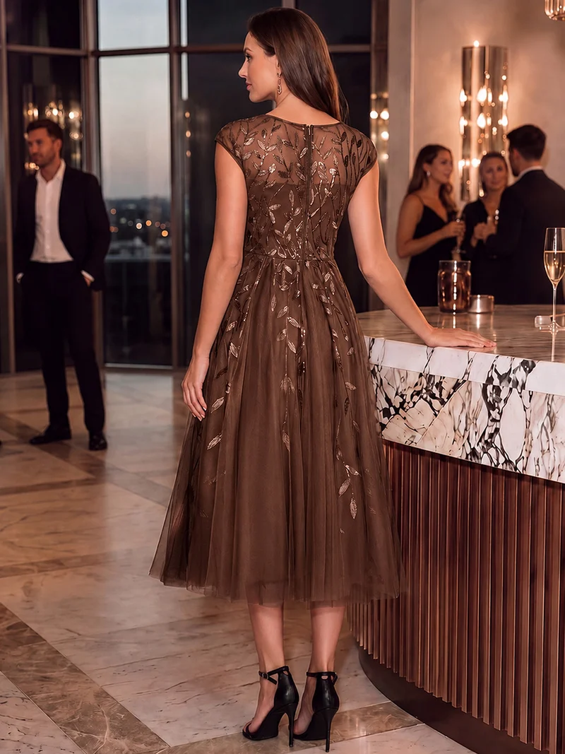 Robe de soirée mi-longue à paillettes avec manches cape