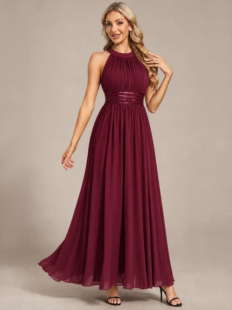 Robe longue de demoiselle d'honneur en mousseline à col américain