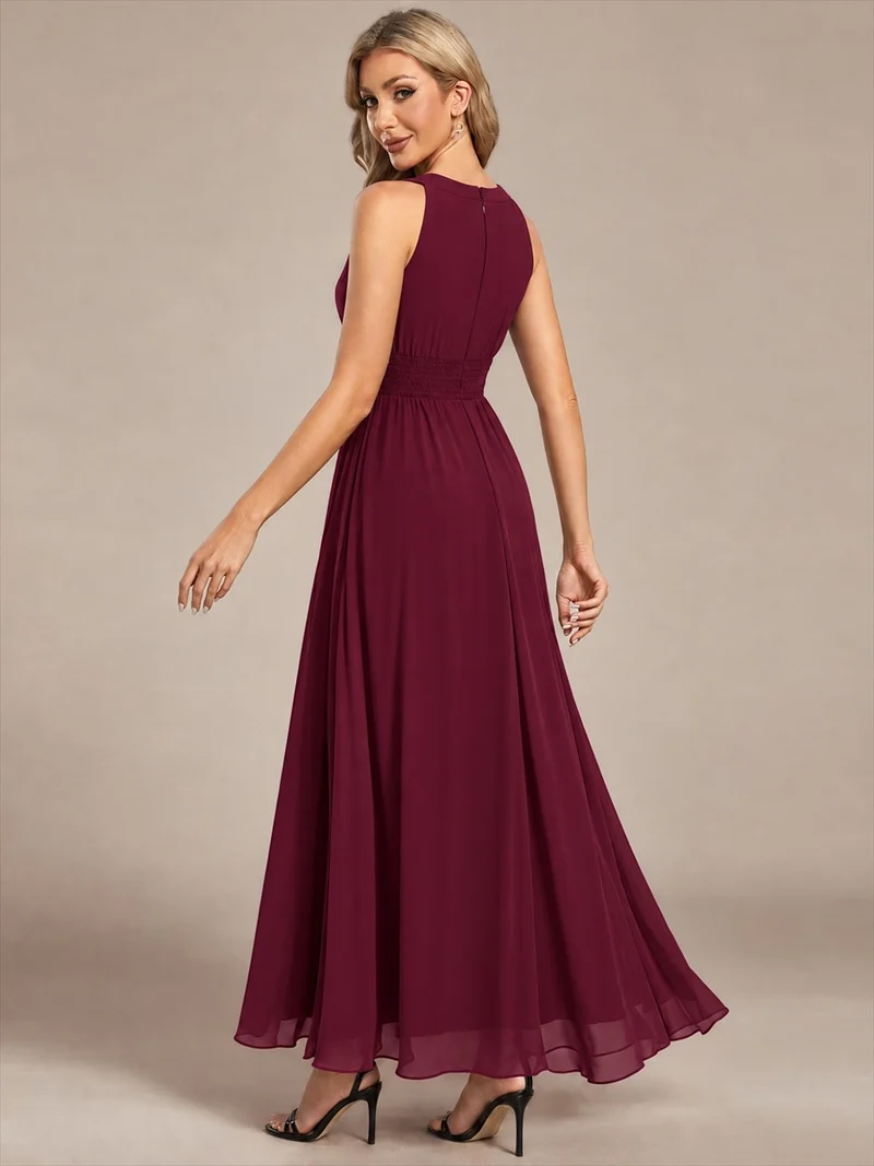 Robe longue de demoiselle d'honneur en mousseline à col américain