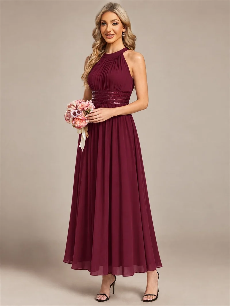 Robe longue de demoiselle d'honneur en mousseline à col américain