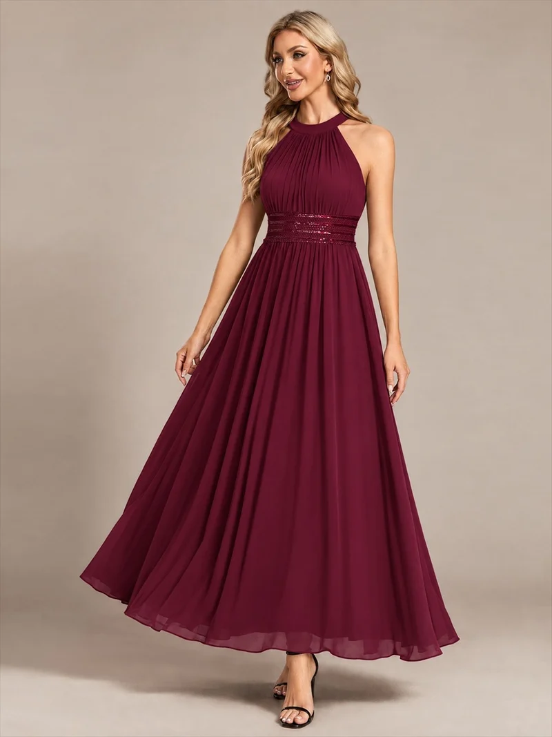 Robe longue de demoiselle d'honneur en mousseline à col américain