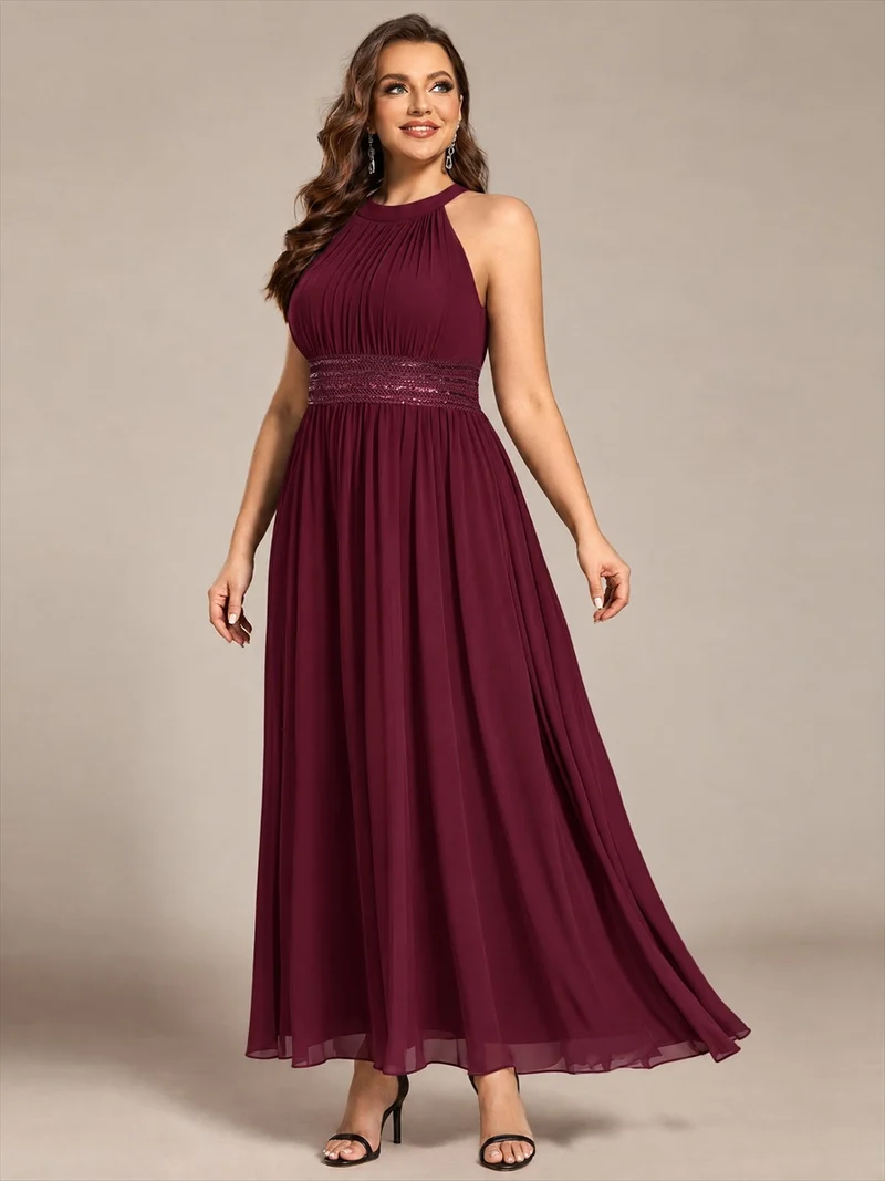 Robe longue de demoiselle d'honneur en mousseline à col américain