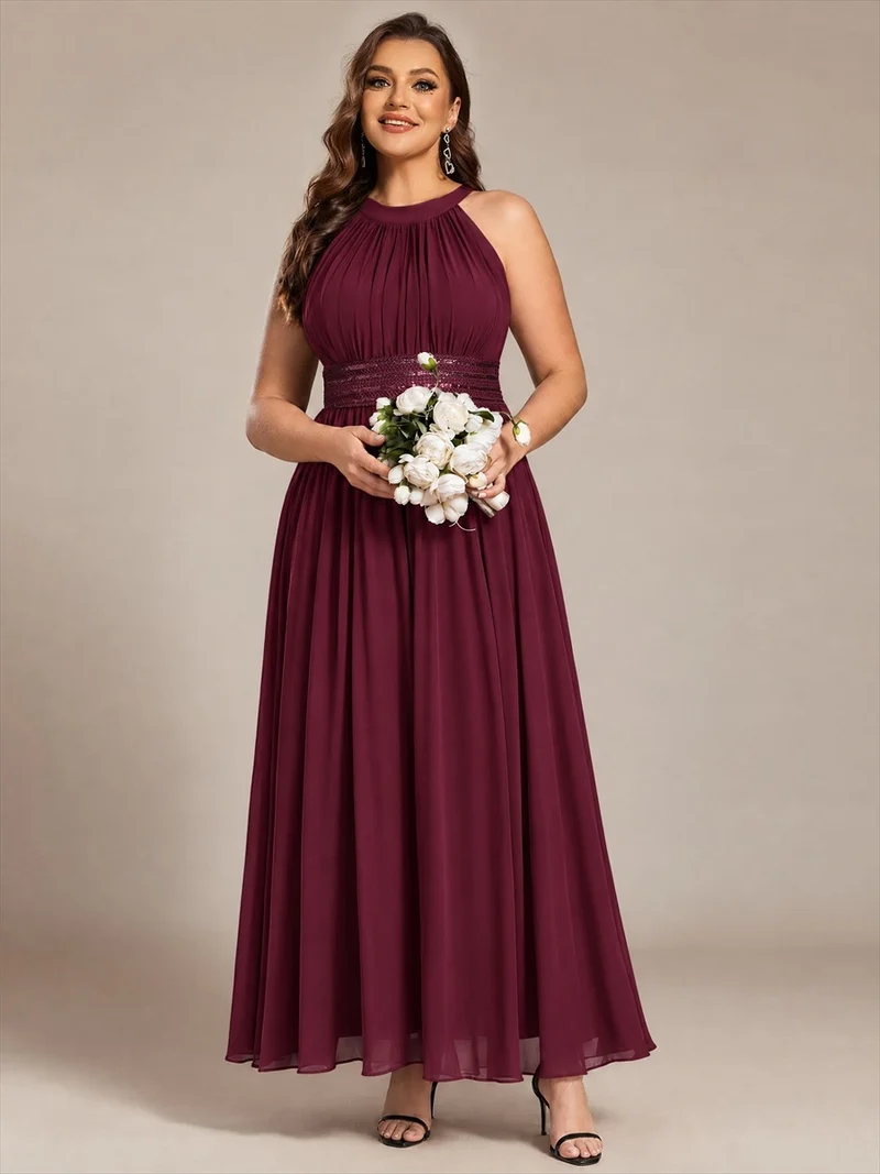 Robe longue de demoiselle d'honneur en mousseline à col américain