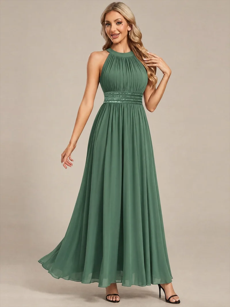 Robe longue de demoiselle d'honneur en mousseline à col américain