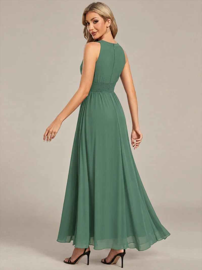 Robe longue de demoiselle d'honneur en mousseline à col américain