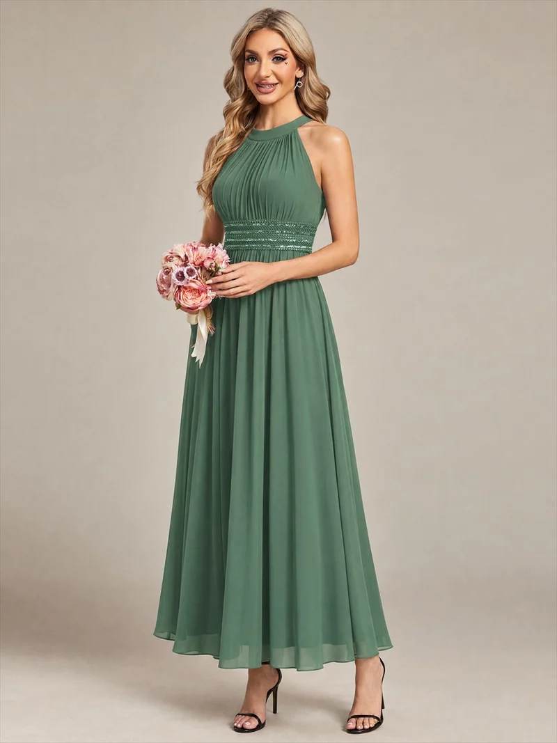 Robe longue de demoiselle d'honneur en mousseline à col américain