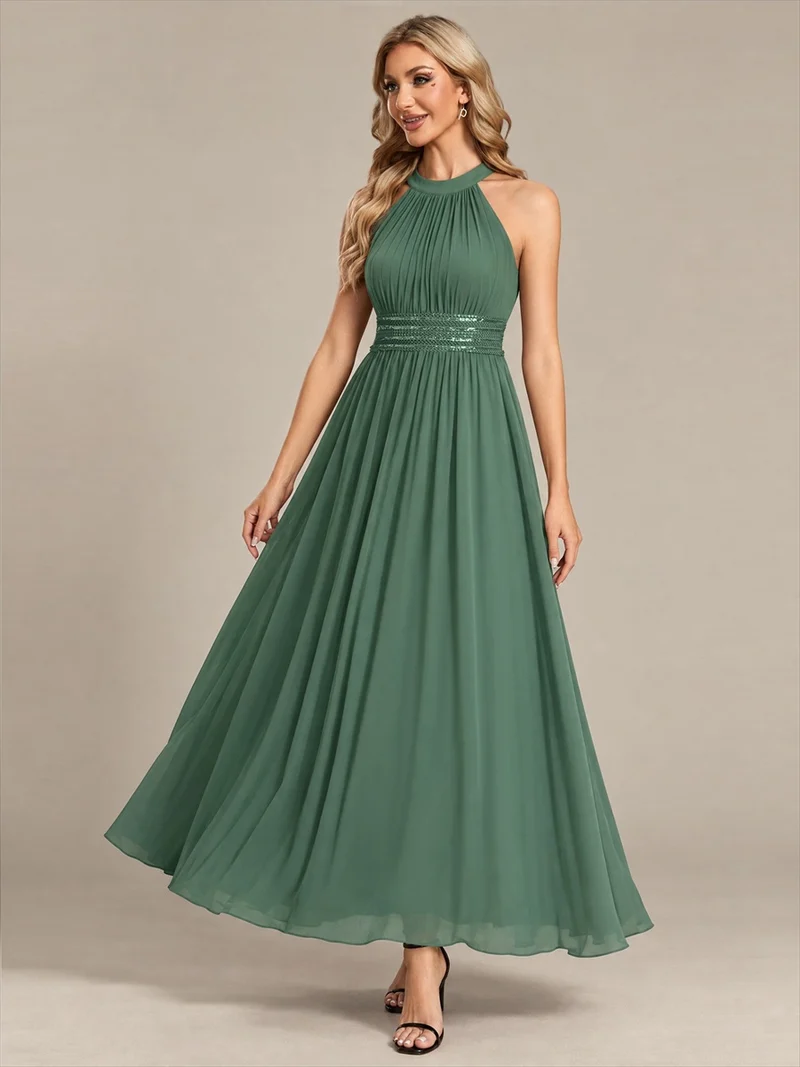 Robe longue de demoiselle d'honneur en mousseline à col américain