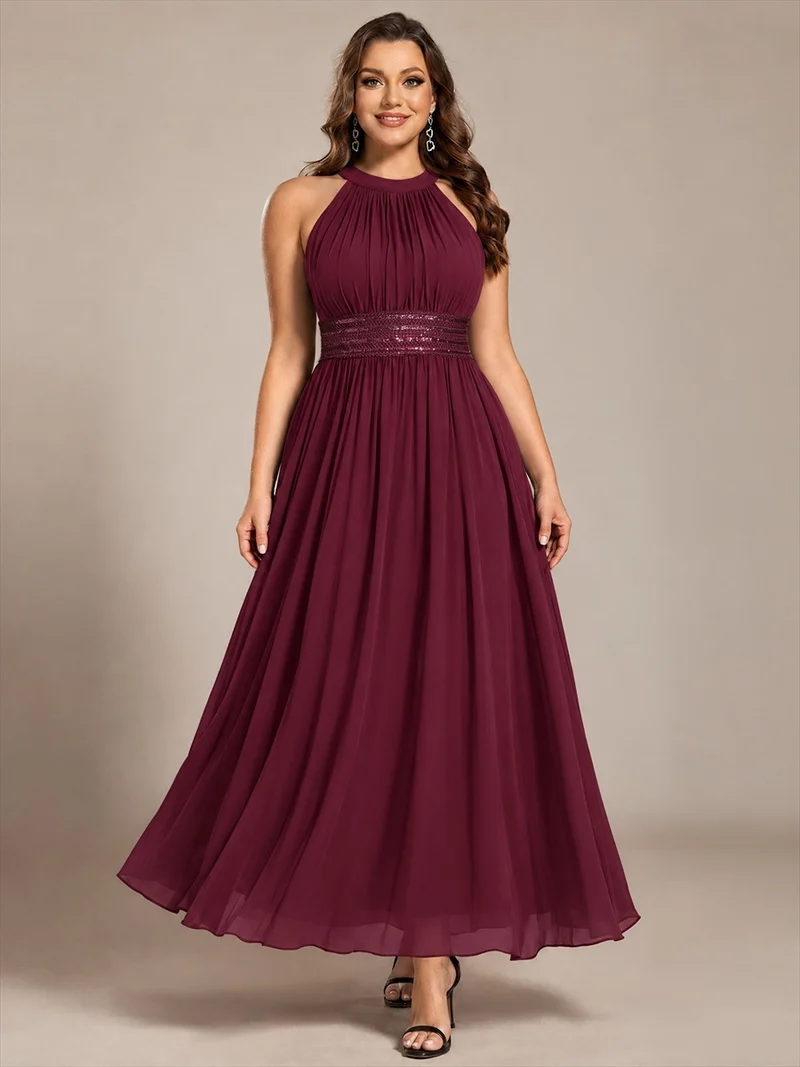 Robe longue de demoiselle d'honneur en mousseline à col américain