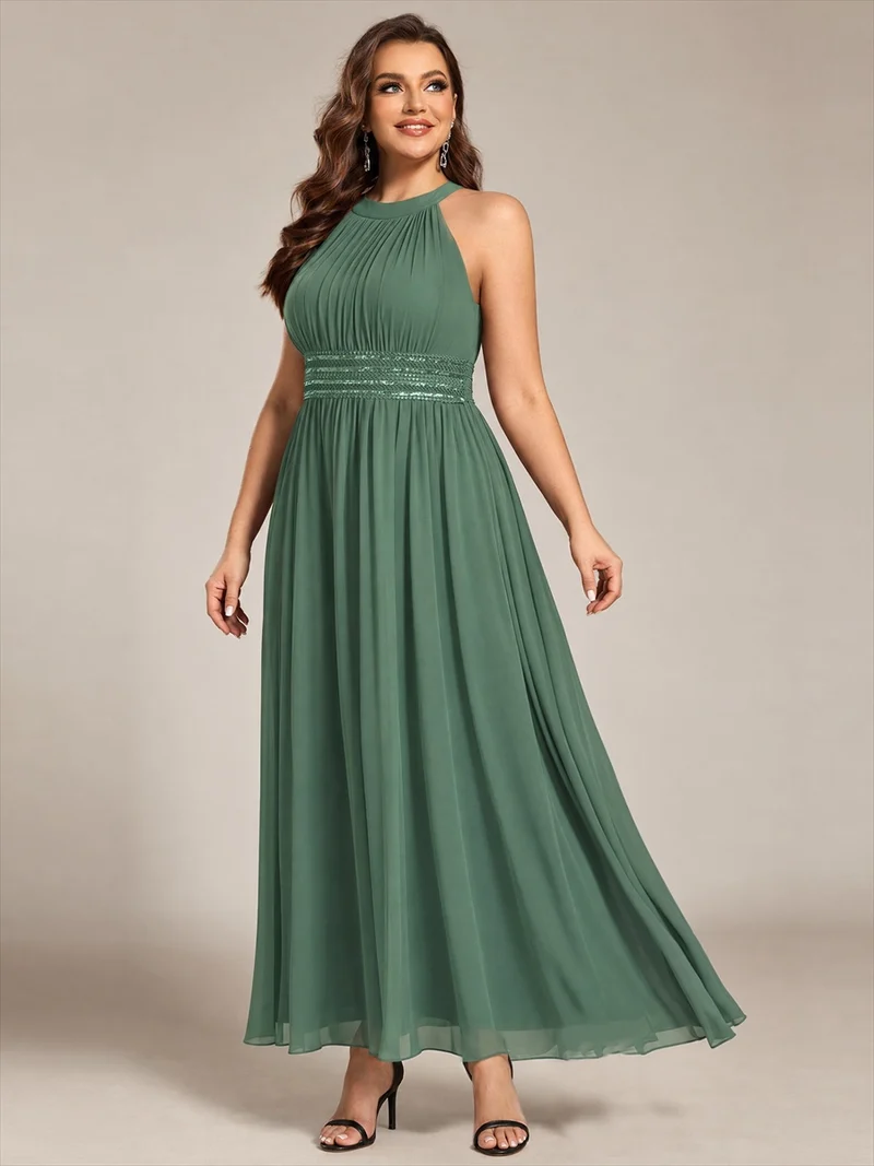Robe longue de demoiselle d'honneur en mousseline à col américain