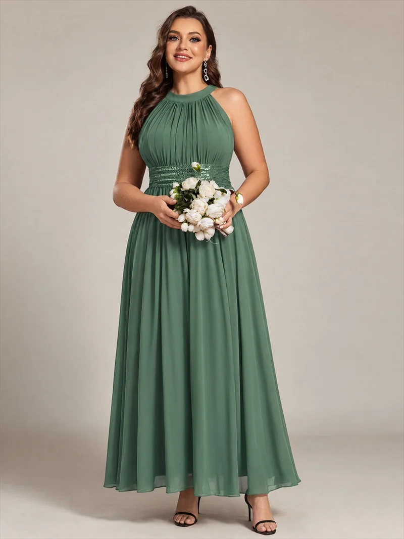Robe longue de demoiselle d'honneur en mousseline à col américain