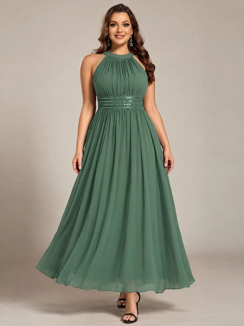Robe longue de demoiselle d'honneur en mousseline à col américain
