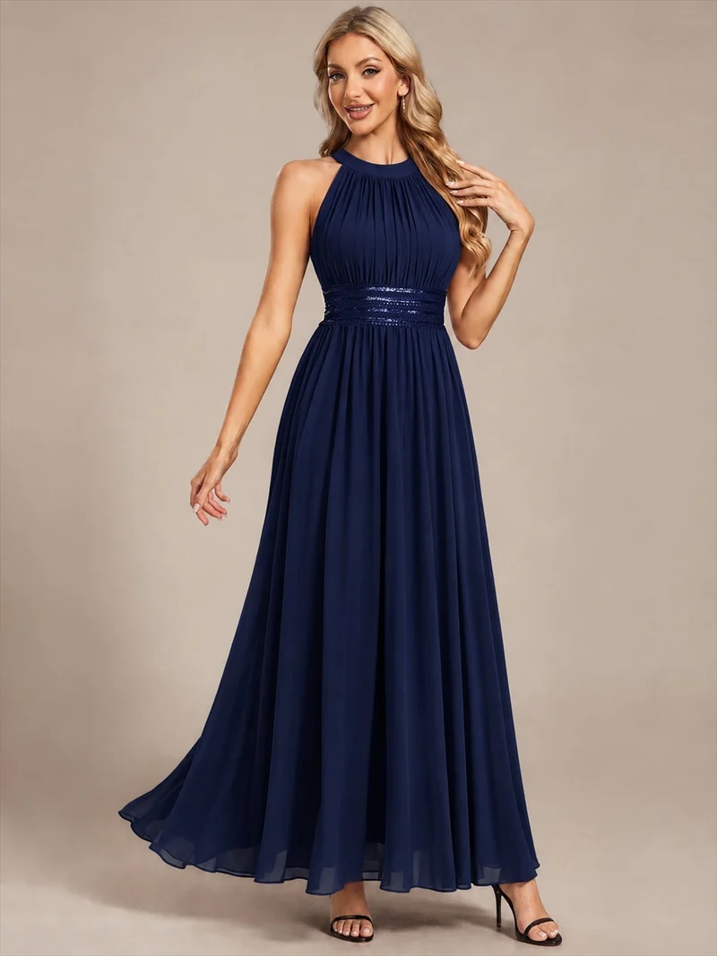 Robe longue de demoiselle d'honneur en mousseline à col américain