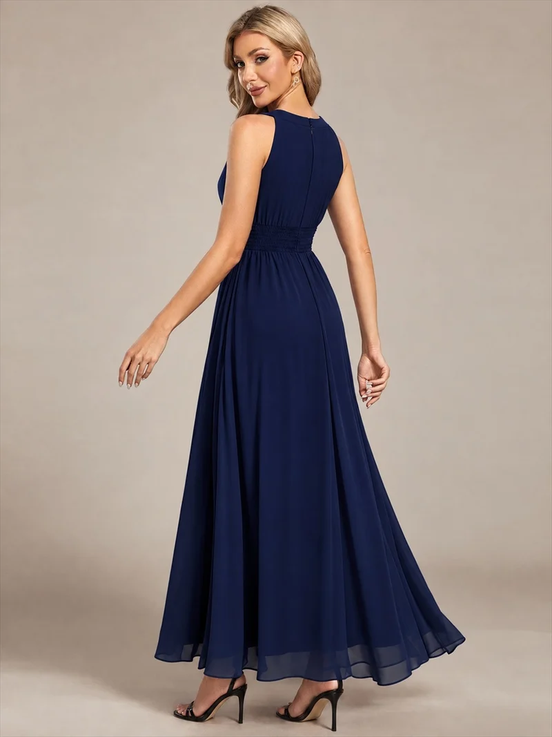 Robe longue de demoiselle d'honneur en mousseline à col américain