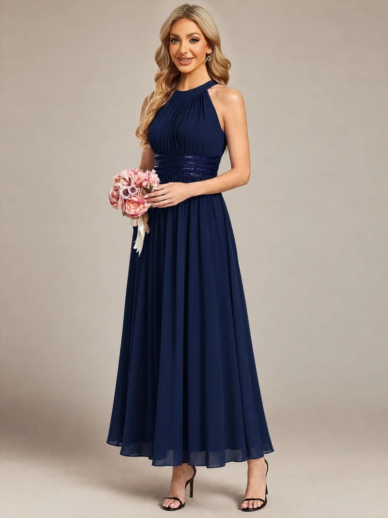 Robe longue de demoiselle d'honneur en mousseline à col américain