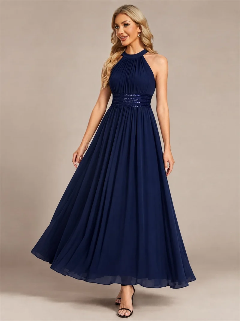 Robe longue de demoiselle d'honneur en mousseline à col américain