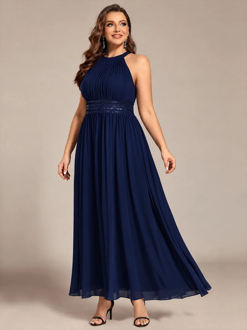 Robe longue de demoiselle d'honneur en mousseline à col américain