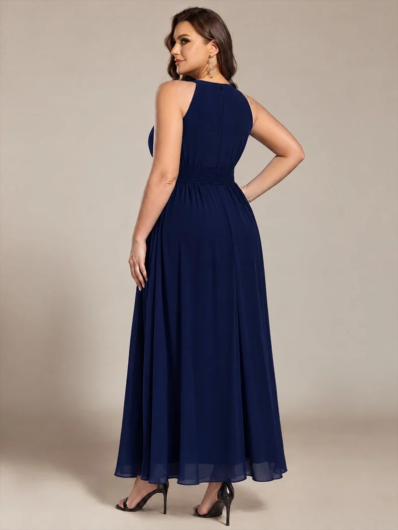 Robe longue de demoiselle d'honneur en mousseline à col américain