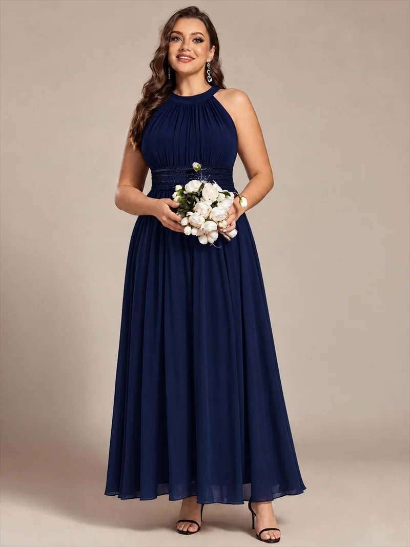 Robe longue de demoiselle d'honneur en mousseline à col américain