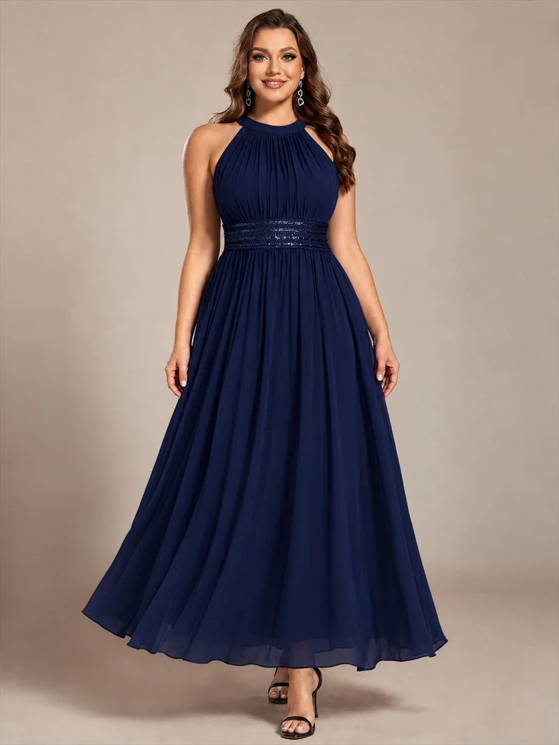 Robe longue de demoiselle d'honneur en mousseline à col américain