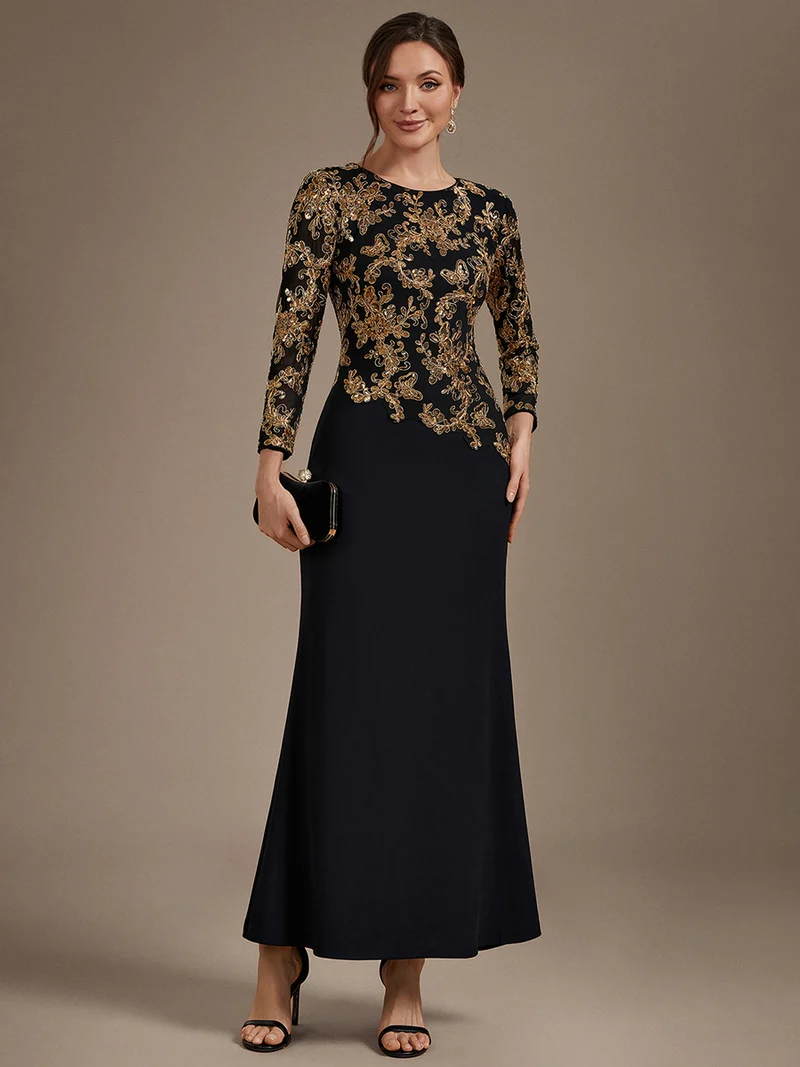 Robe longue de mère de la mariée à paillettes et manches longues