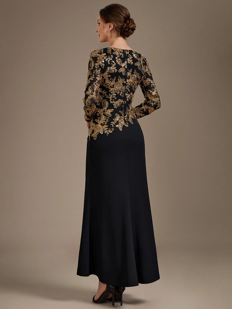 Robe longue de mère de la mariée à paillettes et manches longues