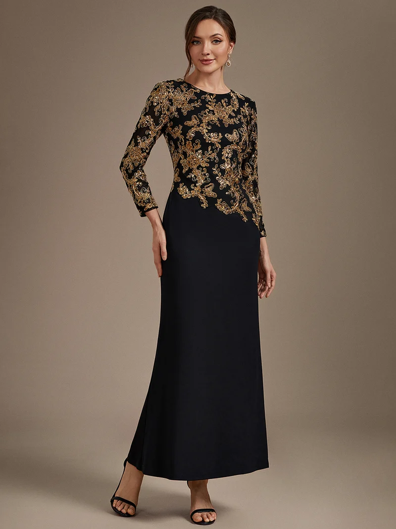 Robe longue de mère de la mariée à paillettes et manches longues