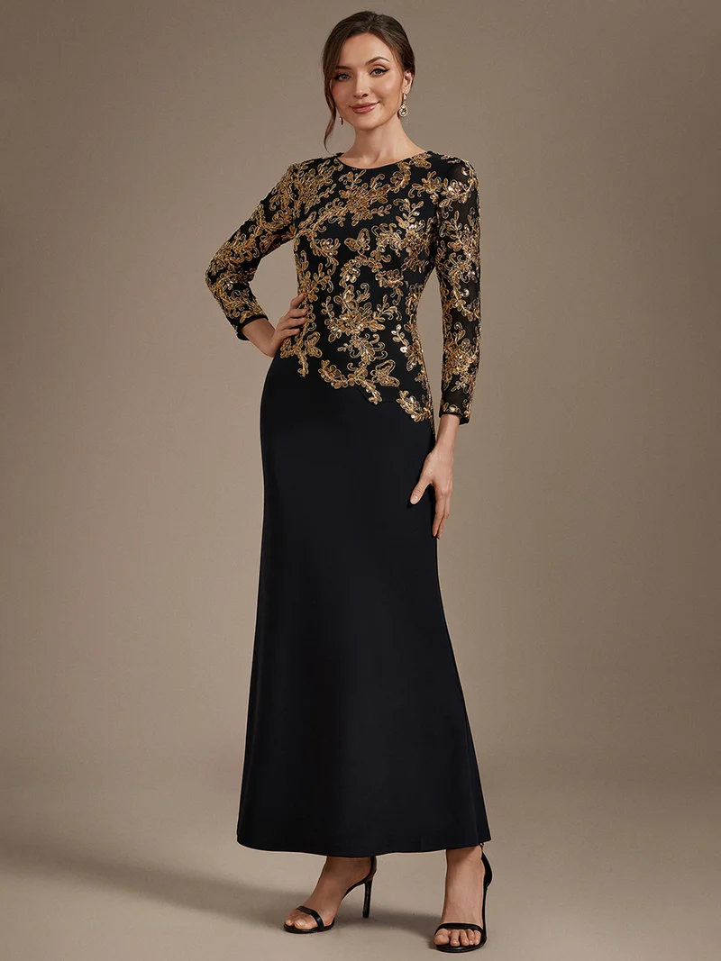 Robe longue de mère de la mariée à paillettes et manches longues