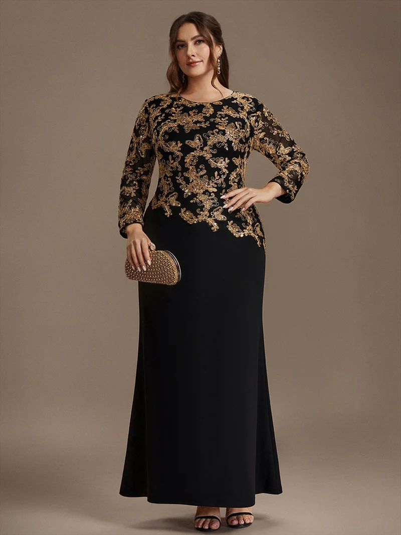 Robe longue de mère de la mariée à paillettes et manches longues
