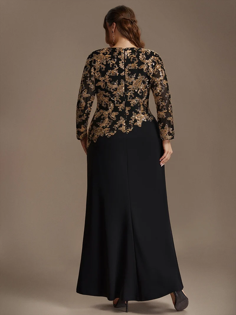 Robe longue de mère de la mariée à paillettes et manches longues