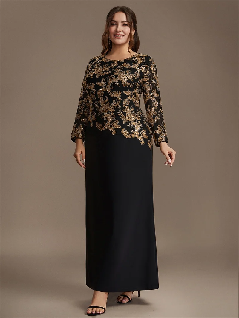 Robe longue de mère de la mariée à paillettes et manches longues