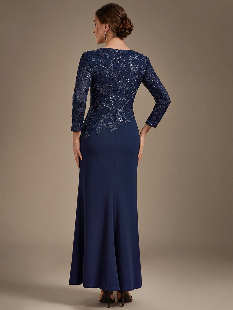 Robe longue de mère de la mariée à paillettes et manches longues