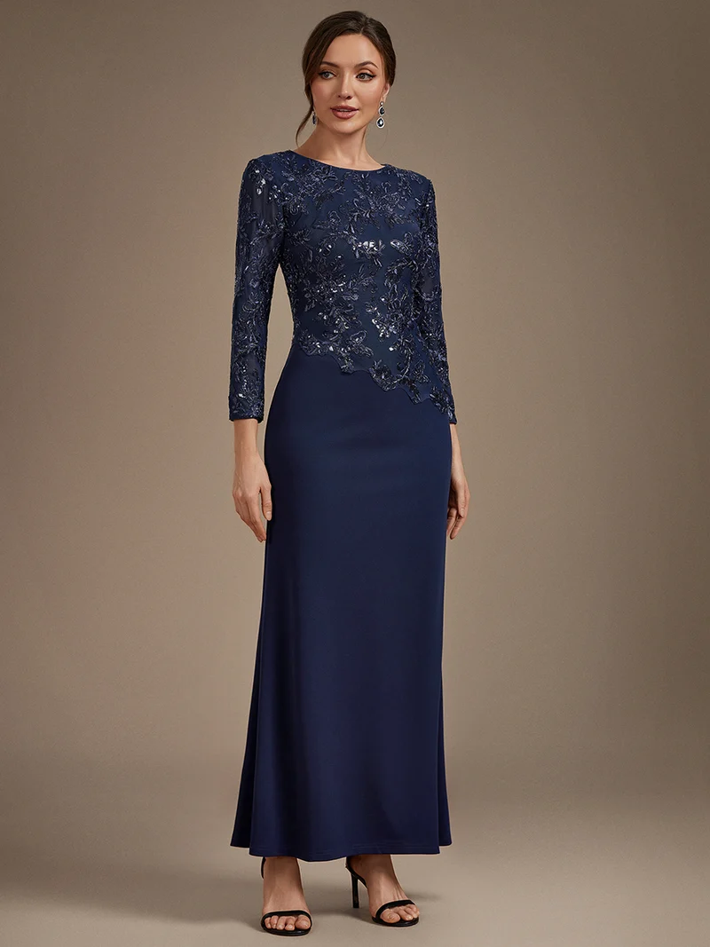 Robe longue de mère de la mariée à paillettes et manches longues
