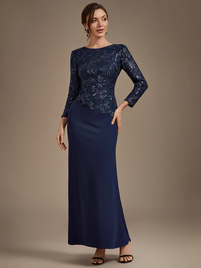 Robe longue de mère de la mariée à paillettes et manches longues