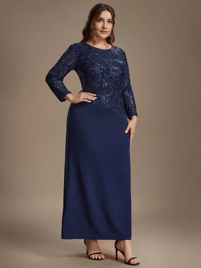 Robe longue de mère de la mariée à paillettes et manches longues
