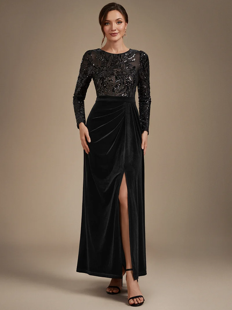 Robe de soirée longue en velours à paillettes et manches longues