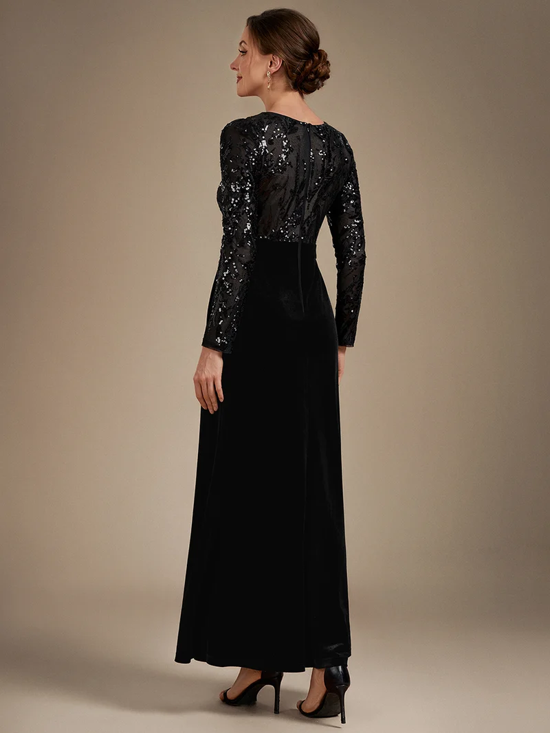 Robe de soirée longue en velours à paillettes et manches longues