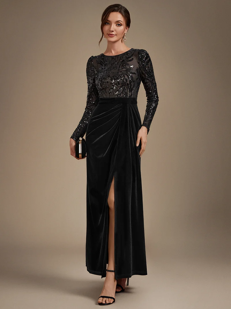 Robe de soirée longue en velours à paillettes et manches longues