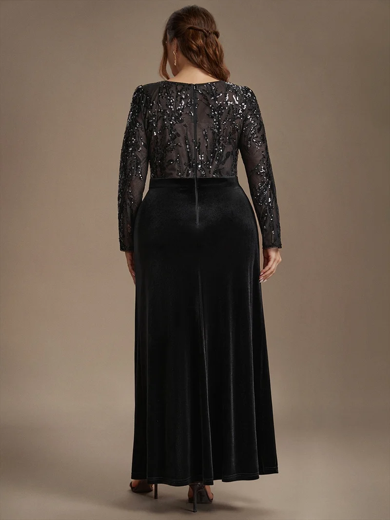 Robe de soirée longue en velours à paillettes et manches longues