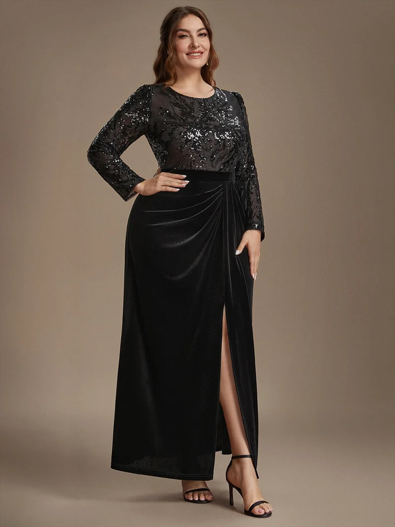 Robe de soirée longue en velours à paillettes et manches longues