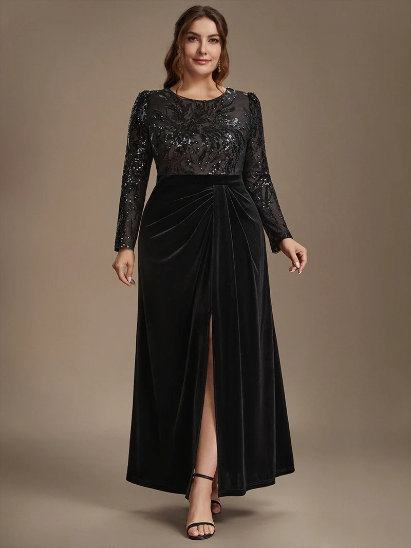 Robe de soirée longue en velours à paillettes et manches longues