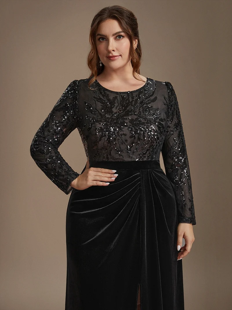 Robe de soirée longue en velours à paillettes et manches longues