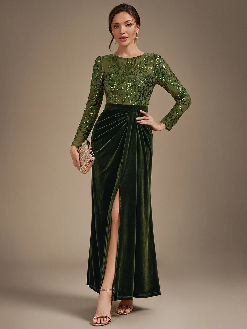 Robe de soirée longue en velours à paillettes et manches longues