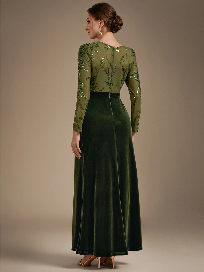 Robe de soirée longue en velours à paillettes et manches longues