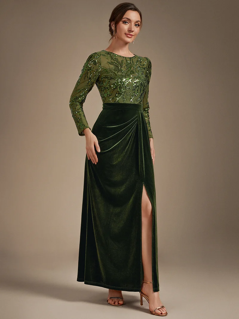 Robe de soirée longue en velours à paillettes et manches longues