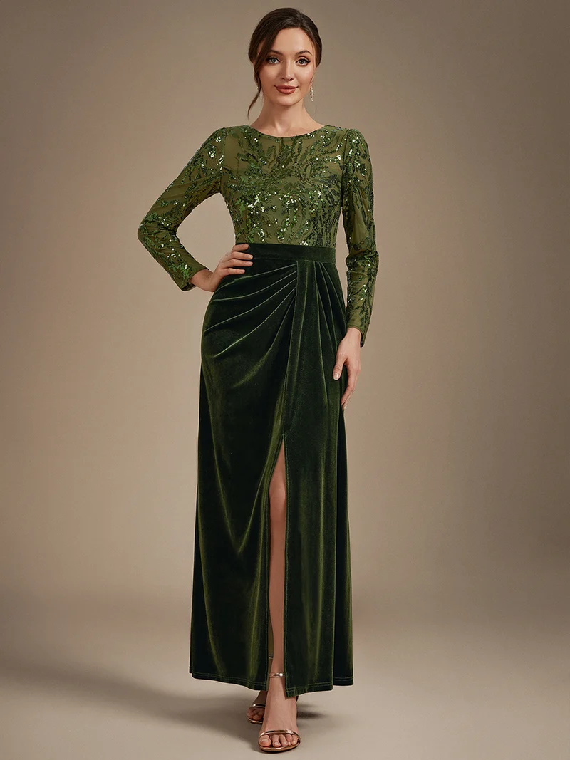 Robe de soirée longue en velours à paillettes et manches longues